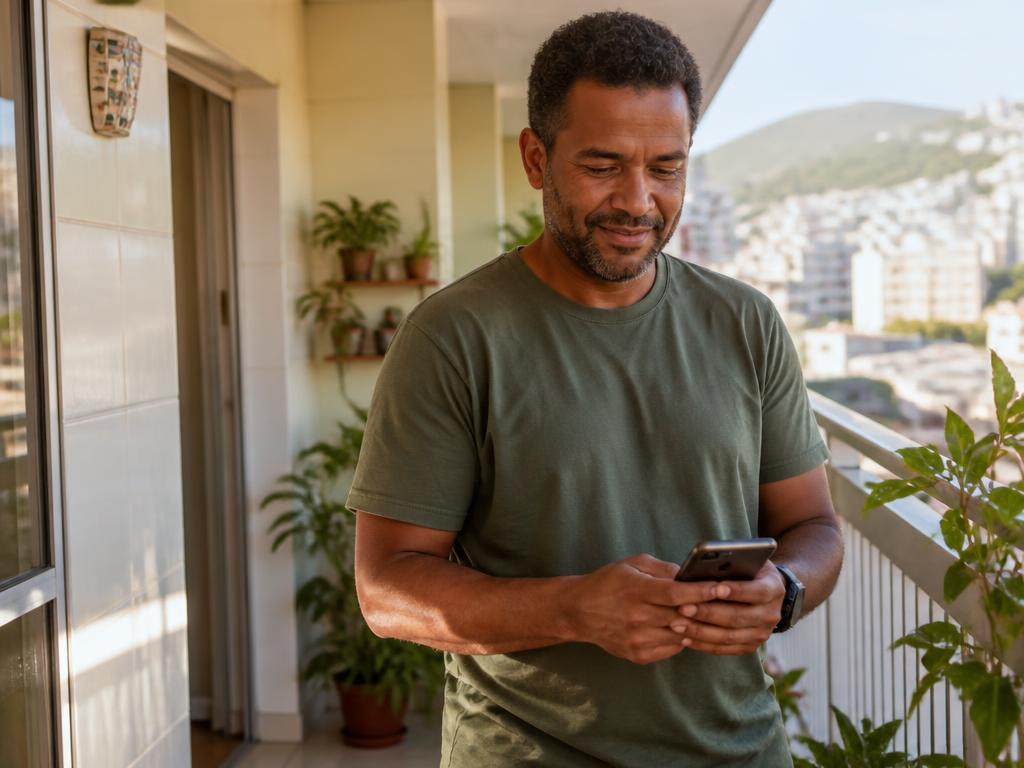 Filho acompanhando os cuidados pelo celular na varanda de casa