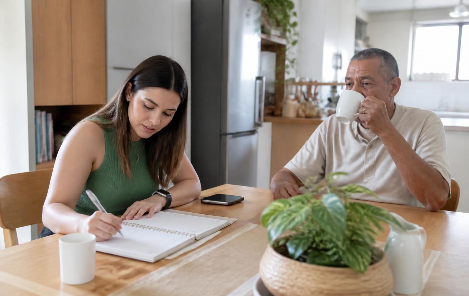 Mulher organizando a rotina em um caderno na cozinha, ao lado de um senhor tomando café