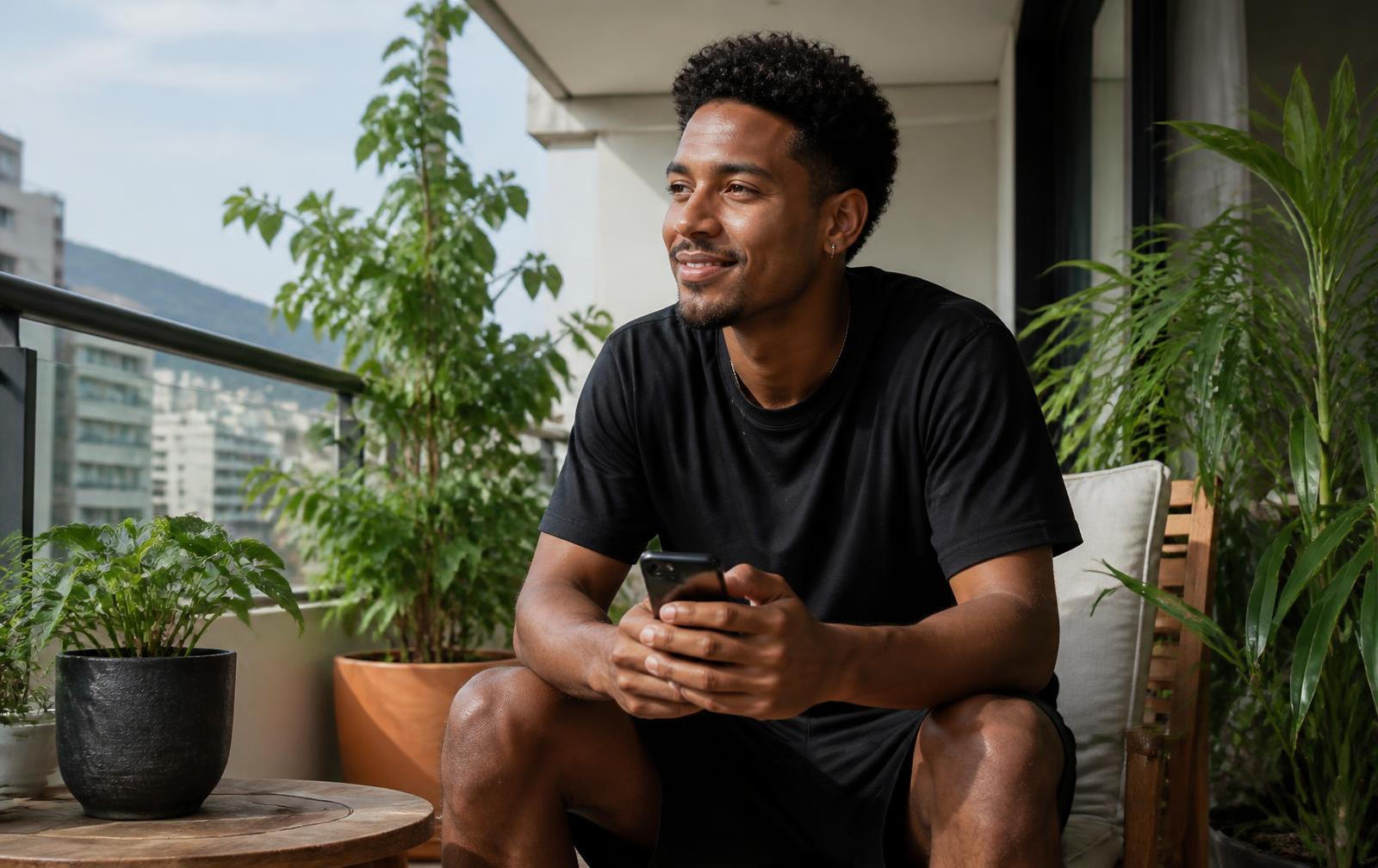 Homem jovem em uma varanda com plantas, segurando o celular com expressão serena
