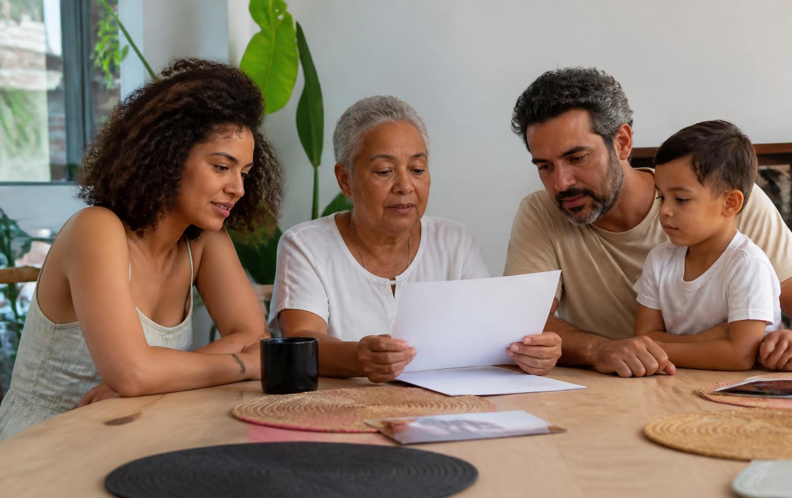 Família de três gerações à mesa de casa, lendo um relatório impresso
